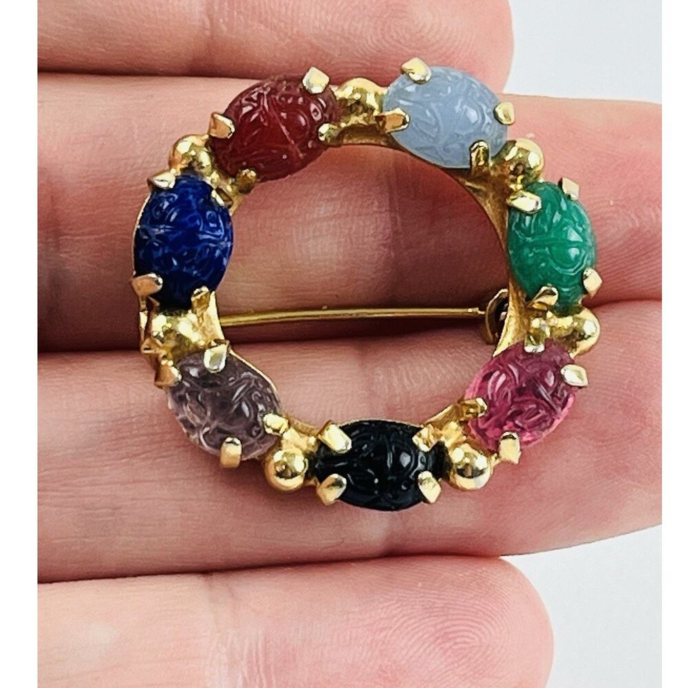 Vintage Gold Tone Multicolor Scarab Stone Pin Brooch Round Blue Pink Green Red P